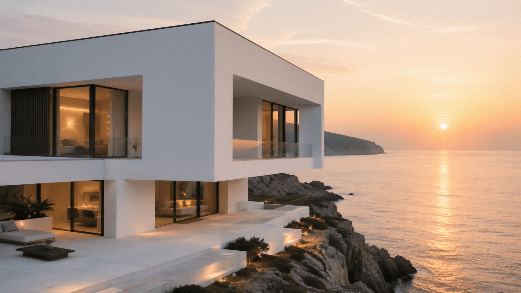 Moderne helle Architektur mit Blick auf das Wasser